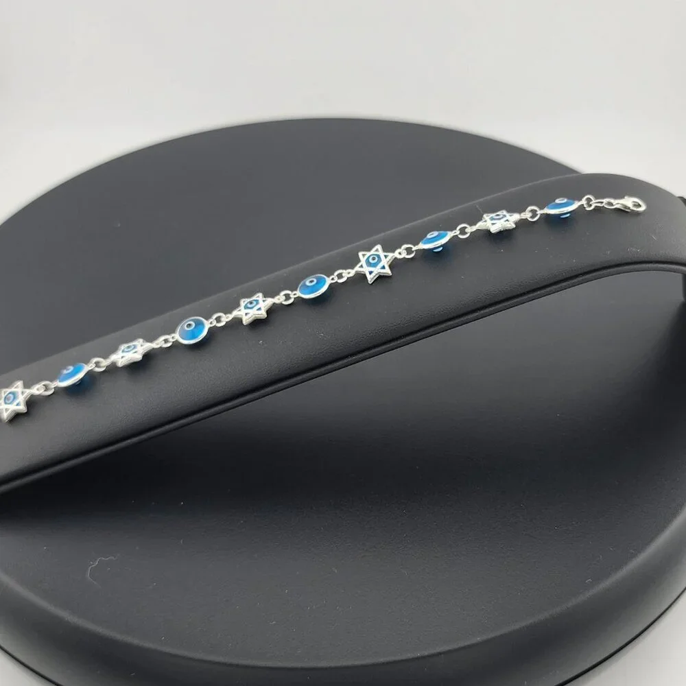 Sterling Silver 925 Multi Round & Star Evil Eye Bracelet – Protection & Style - Picture 7 of 13